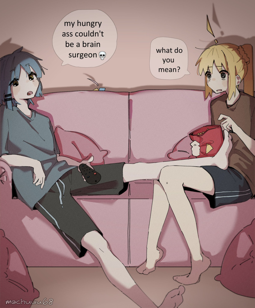 ! 2girls ahoge barefoot black_shorts blonde_hair blue_hair bocchi_the_rock! brown_shirt commentary controller couch doritos english_commentary english_text expressive_hair gotoh_hitori grey_shirt hair_ornament hairclip highres holding holding_controller ijichi_nijika machuuu68 multiple_girls objectification on_couch shirt short_hair shorts sitting speech_bubble t-shirt yamada_ryo