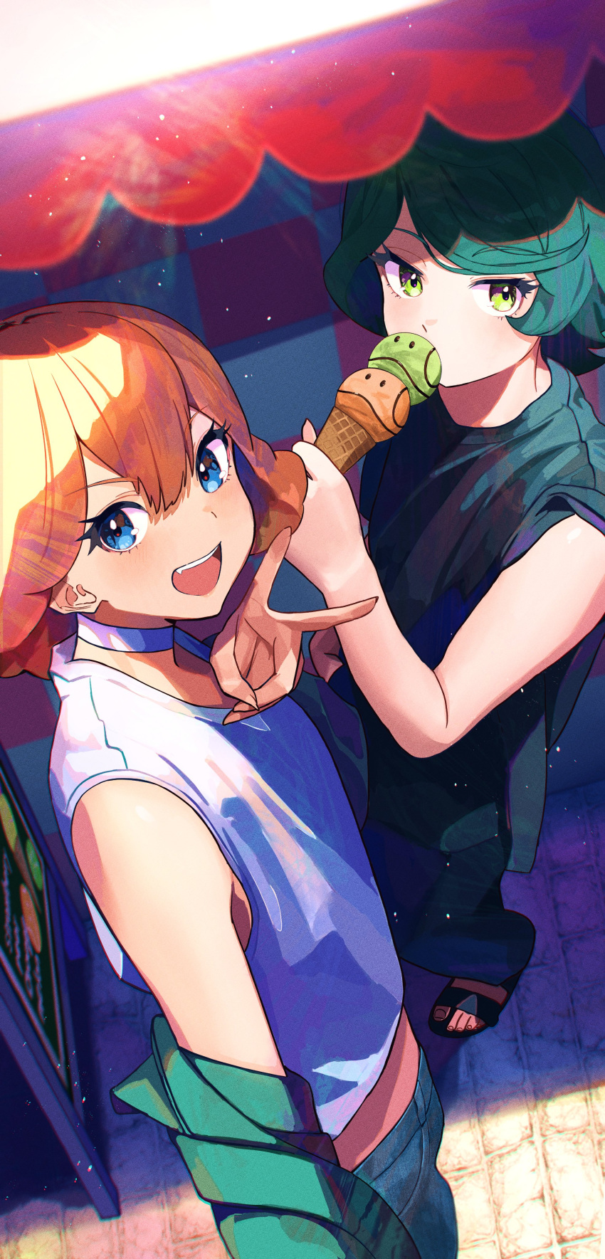 2girls absurdres barefoot_sandals black_shirt blue_eyes blue_hair blue_pants brown_hair choker fang food green_eyes gundam gundam_suisei_no_majo haro highres holding_ice_cream ice_cream ice_cream_cone looking_at_viewer looking_to_the_side multiple_girls norea_du_noc pants purple_choker shadow shirasuke_0822 shirt short_hair sleeveless sleeveless_shirt smile sophie_pulone v