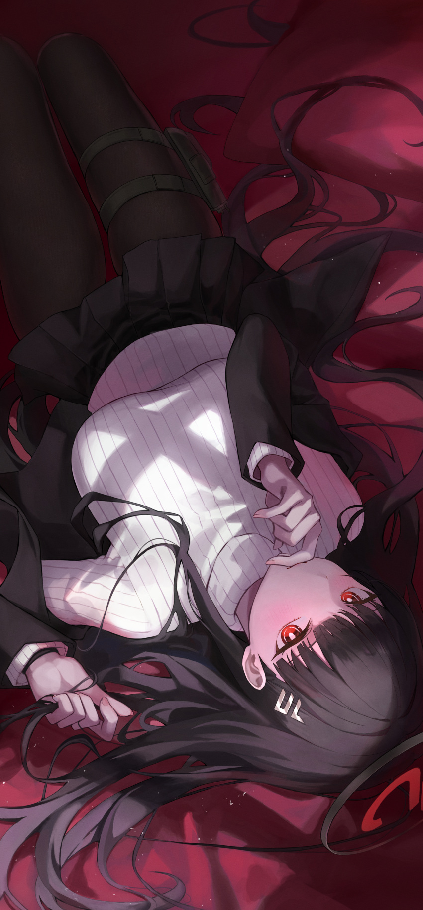 1girl absurdres black_hair black_jacket black_pantyhose black_skirt blazer blue_archive blush breasts hair_spread_out halo highres holster jacket large_breasts looking_at_viewer lying on_back open_clothes open_jacket pantyhose red_eyes red_sheet ribbed_sweater rio_(blue_archive) skindentation skirt solo sweater thigh_holster turtleneck turtleneck_sweater upside-down white_sweater yeorem
