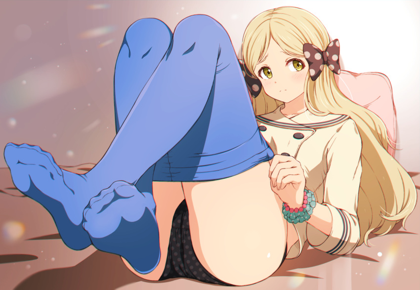 1girl ass bead_bracelet beads black_bow black_panties blue_pantyhose bow bracelet buttons closed_mouth clothes_pull commentary_request embarrassed green_eyes hair_bow handa_roco highres idolmaster idolmaster_million_live! jacket jewelry kyuupura light_brown_hair long_hair long_sleeves low_twintails lying on_bed panties pantyhose pantyhose_pull pillow polka_dot polka_dot_bow polka_dot_panties solo thighs twintails underwear undressing white_jacket