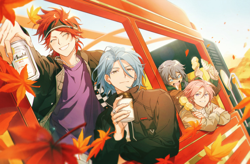 4boys ^_^ amagi_rinne arm_up asahi_breweries autumn autumn_leaves black_headband black_jacket blue_eyes blue_hair brown_jacket can closed_eyes closed_mouth coffee_cup commentary_request crazy_b_(ensemble_stars!) cup day disposable_cup drooling earrings ensemble_stars! fingernails food green_hoodie grey_hair grin ground_vehicle hair_between_eyes hair_over_shoulder headband highres himeru_(ensemble_stars!) holding holding_can holding_cup holding_food hood hood_down hoodie ice_cream ice_cream_cone jacket jewelry lapels leaf long_hair long_sleeves looking_at_viewer male_focus maple_leaf mochiko_(zy) multiple_boys multiple_rings necklace open_clothes open_jacket open_mouth oukawa_kohaku outdoors outstretched_arm parted_bangs pink_hair ponytail purple_eyes purple_shirt raised_eyebrows red_hair ring shiina_niki shirt short_hair smile sweater teeth train turtleneck turtleneck_sweater white_sweater yellow_eyes