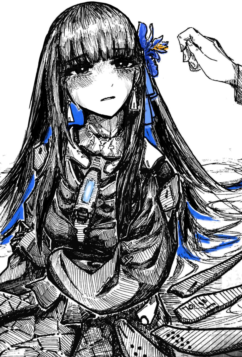 1girl absurdres crying crying_with_eyes_open dress earrings flower hair_flower hair_ornament highres jewelry long_hair long_sleeves mechanical_hands mechanical_parts monochrome parted_lips punishing:_gray_raven selena_(punishing:_gray_raven) shiokaze1409 spot_color tears triangle_earrings