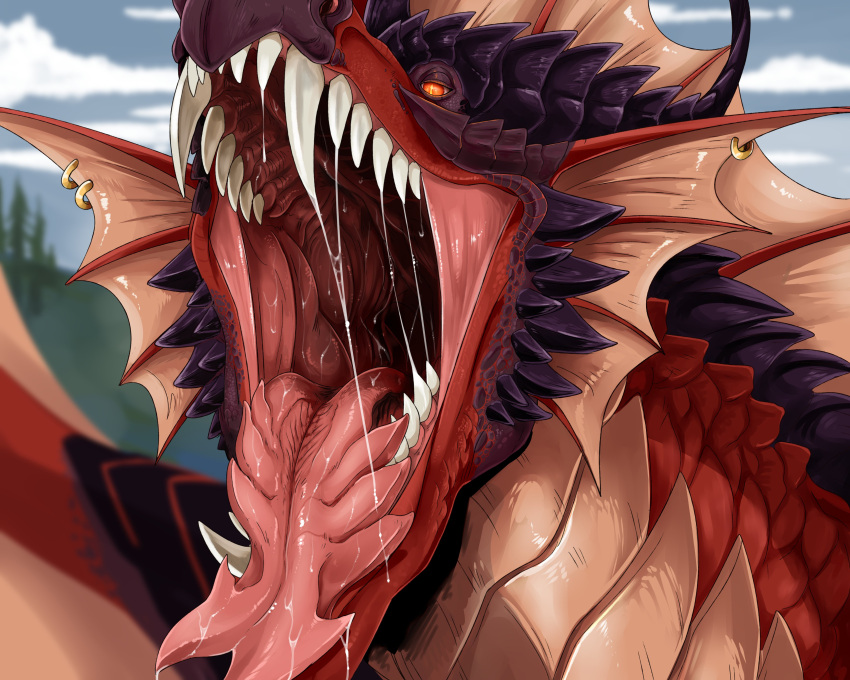 absurd_res ambiguous_gender bodily_fluids cloud dragon ear_frill fangs feral frill_(anatomy) frill_piercing frill_ring furgonomics furry-specific_piercing hi_res imperatorcaesar mouth_shot narrowed_eyes open_mouth orange_frill outside piercing pink_tongue purple_body purple_scales red_body red_eyes red_scales ring_piercing saliva saliva_on_tongue saliva_string scales scalie sharp_teeth sky solo tan_body tan_scales teeth tongue