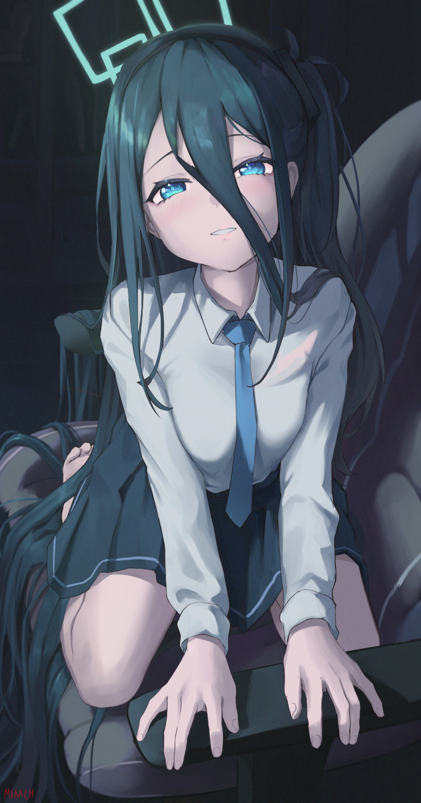 1girl aris_(blue_archive) black_hair black_skirt blue_archive blue_eyes blue_necktie halo highres light_smile long_sleeves looking_at_viewer naughty_face necktie nev_(nevblindarts) shirt skirt solo white_shirt