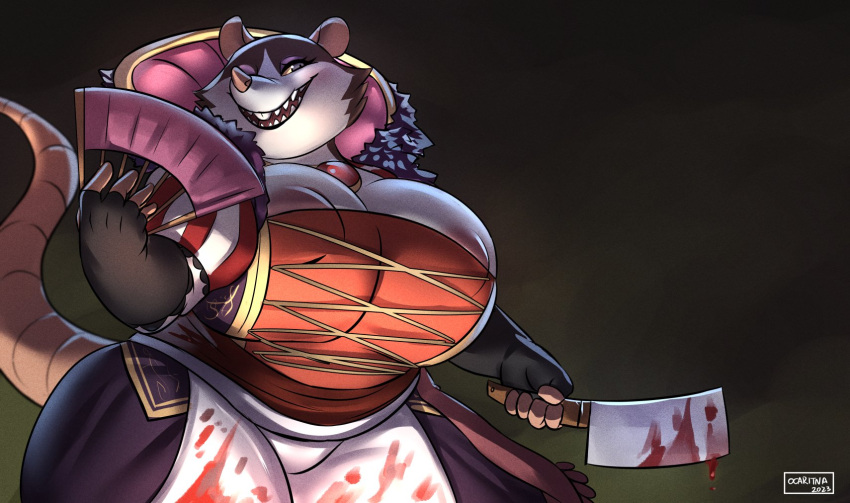 anthro armello big_breasts blood bodily_fluids breasts cleaver_(weapon) clothing corset female griotte_(armello) hi_res huge_breasts lingerie mammal melee_weapon murid murine ocaritna rat rodent solo tail topwear weapon