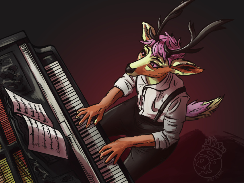 anthro clothed clothing deer hi_res keyboard_instrument male mammal musical_instrument piano playing_music playing_piano solo solo_focus sydney_onmars