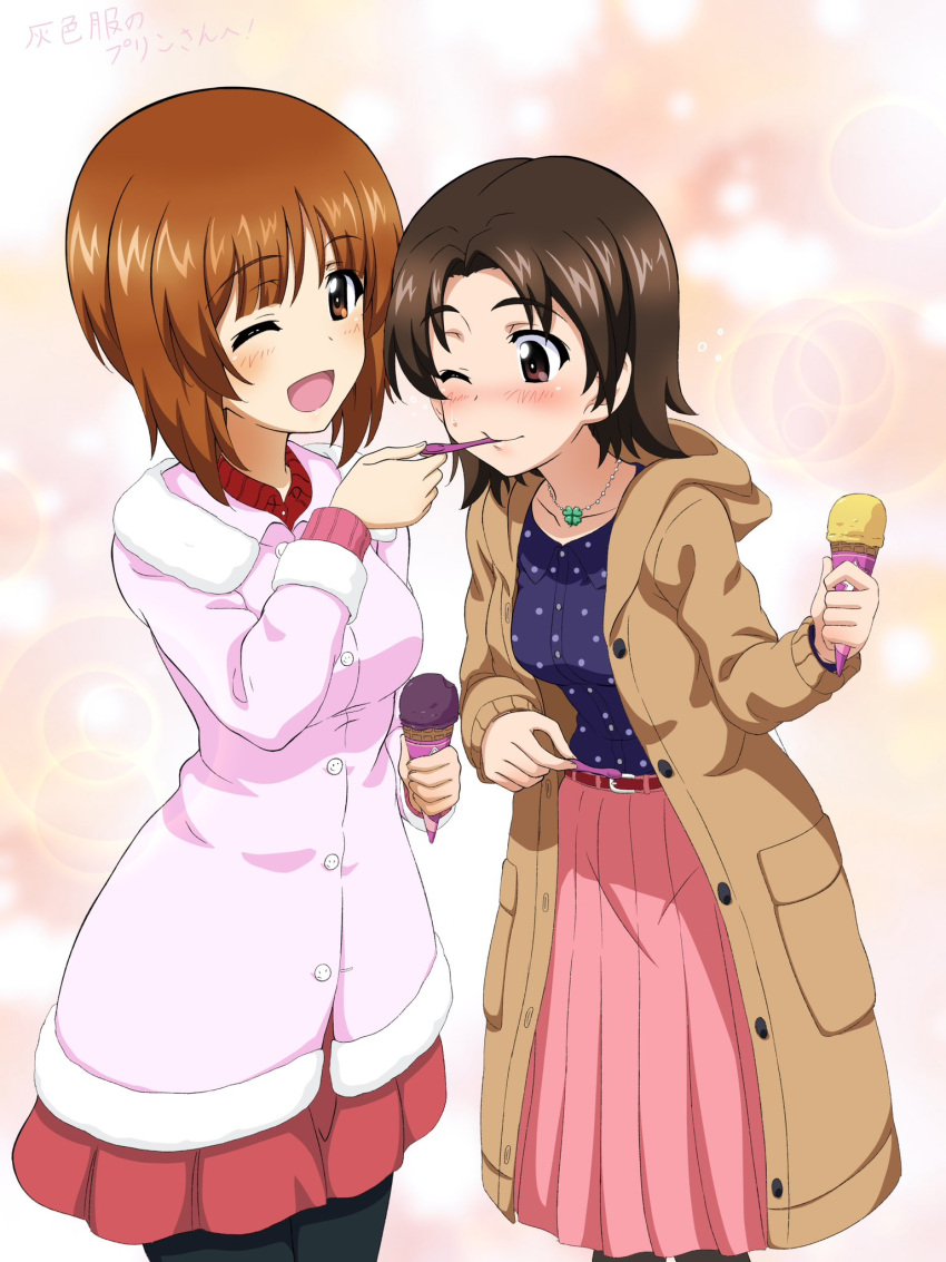 2girls blush breasts brown_eyes brown_hair buttons feeding food girls_und_panzer highres ice_cream jacket jewelry key_(gaigaigai123) medium_breasts multiple_girls necklace nishizumi_miho one_eye_closed open_mouth polka_dot polka_dot_shirt sawa_azusa shirt short_hair simple_background small_breasts smile yuri