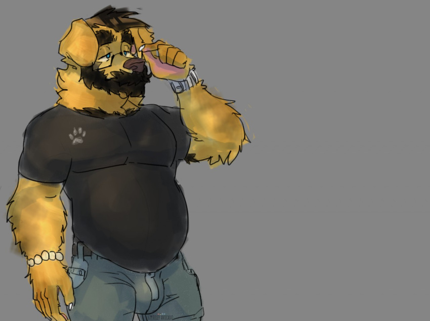 2020 anthro beard belly belt bird_dog bottomwear bracelet brown_hair bulge canid canine canis clock clothed clothing digital_media_(artwork) domestic_dog eyebrows eyewear facial_hair fully_clothed fur glasses golden_retriever grey_background hair hunting_dog jewelry male mammal mustache noel_(rileyavocado) overweight overweight_anthro overweight_male pants portrait pose retriever rileyavocado shirt simple_background solo three-quarter_portrait topwear watch wristwatch yellow_body yellow_fur