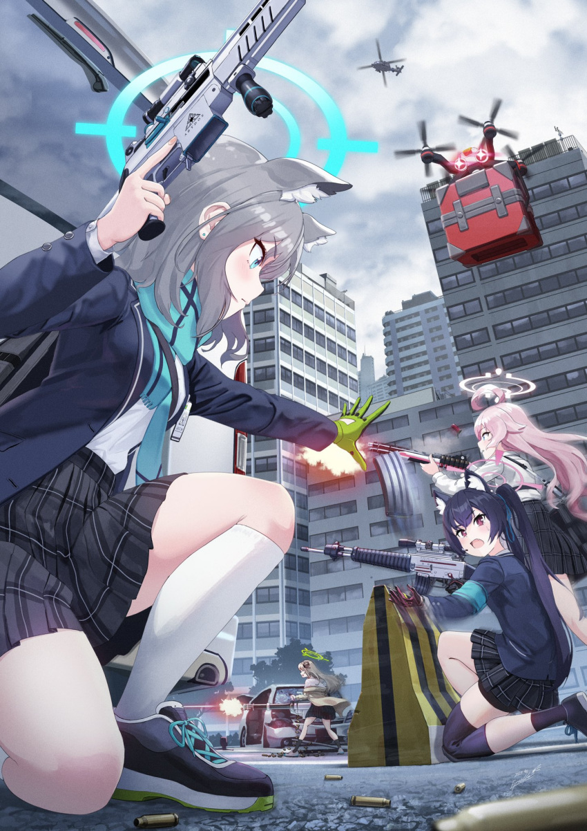 4girls ahoge aiming aircraft animal_ear_fluff animal_ears assault_rifle battle beretta_1301 beretta_ar70/90 black_hair black_jacket black_skirt blazer blue_archive blue_eyes blue_necktie blue_scarf blurry bow brown_hair building car cardigan cat_ears cat_girl cloud cloudy_sky collared_shirt commentary_request depth_of_field drone estrella_(uypu4574) extra_ears firing gatling_gun gloves grey_hair gun hair_between_eyes hair_bow hair_bun hair_ribbon halo hand_gesture helicopter highres holding holding_gun holding_weapon hoshino_(blue_archive) id_card jacket knee_pads kneehighs long_hair long_sleeves m134_minigun medium_hair motor_vehicle multiple_girls necktie nonomi_(blue_archive) open_cardigan open_clothes outdoors pink_hair plaid plaid_skirt pleated_skirt profile red_eyes ribbon rifle scarf school_uniform serika_(blue_archive) shiroko_(blue_archive) shirt shoes shoulder_strap sidelocks sig_556 single_glove single_side_bun skirt sky skyscraper sneakers socks squatting taking_cover twintails two-tone_gloves weapon white_shirt white_socks wolf_ears wolf_girl yellow_cardigan