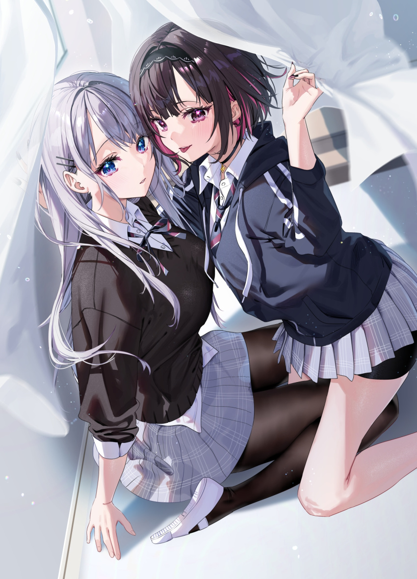 2girls black_choker black_hairband black_nails black_pantyhose black_shorts black_sweater blue_bow blue_bowtie blue_eyes blue_jacket blue_necktie blush bow bowtie breasts brown_hair chigusa_minori choker collared_shirt colored_inner_hair commentary_request cover cover_page diagonal-striped_necktie dress_shirt eyelashes fingernails gradient_nails grey_hair grey_skirt hair_ornament hairband hairclip highres jacket kneeling large_breasts long_hair looking_at_viewer manga_cover miniskirt multicolored_hair multiple_girls nail_polish necktie official_art pantyhose parted_lips partial_commentary plaid plaid_skirt pleated_skirt purple_eyes purple_hair purple_nails saotome_shino_(chigusa_minori) shino_to_ren shirayuki_ren shirt short_hair shorts shorts_under_skirt sidelocks sitting skirt small_breasts smile striped striped_bow striped_bowtie sweater teeth textless_version tongue tongue_out two-tone_hair wariza white_footwear white_shirt yuri