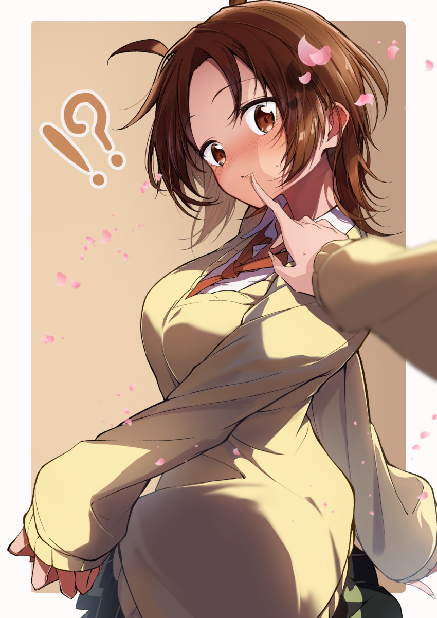 !? antenna_hair blush brown_hair falling_petals female_pov finger_to_another's_mouth highres iizuka_yuzu ikeno_kaede kootee-on petals pov sakura_trick school_uniform short_hair