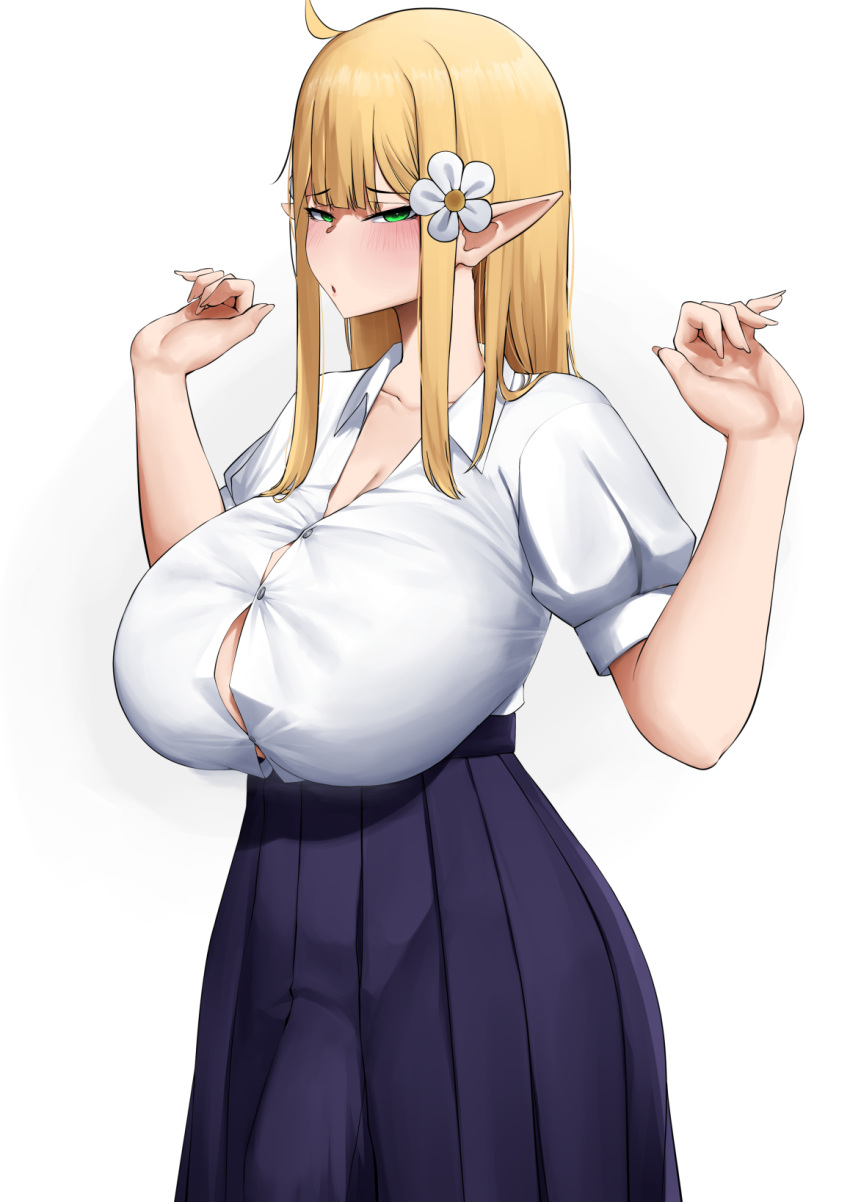 1girl :o arms_up black_skirt blonde_hair blunt_bangs breasts bulge button_gap collared_shirt elf embarrassed english_commentary flower futanari green_eyes hair_flower hair_ornament highres huge_breasts long_hair looking_at_viewer mivioppai original pleated_skirt pointy_ears puffy_short_sleeves puffy_sleeves school_uniform shirt short_sleeves simple_background skirt solo white_background white_flower white_shirt