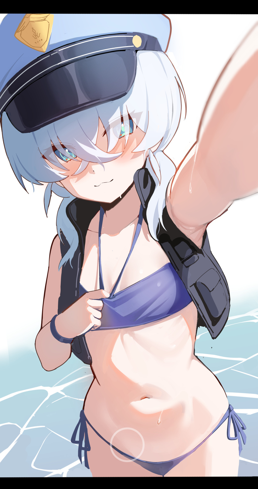 1girl :3 absurdres bikini blue_archive blue_bikini blue_eyes blush clothes_pull flak_jacket flat_chest grey_hair hair_over_eyes halo hat highres jacket looking_at_viewer navel peaked_cap police police_hat reaching reaching_towards_viewer shirt_pull side-tie_bikini_bottom simple_background solo stomach swimsuit twintails valkyrie_police_academy_student_(blue_archive) vest water wet white_background xubai