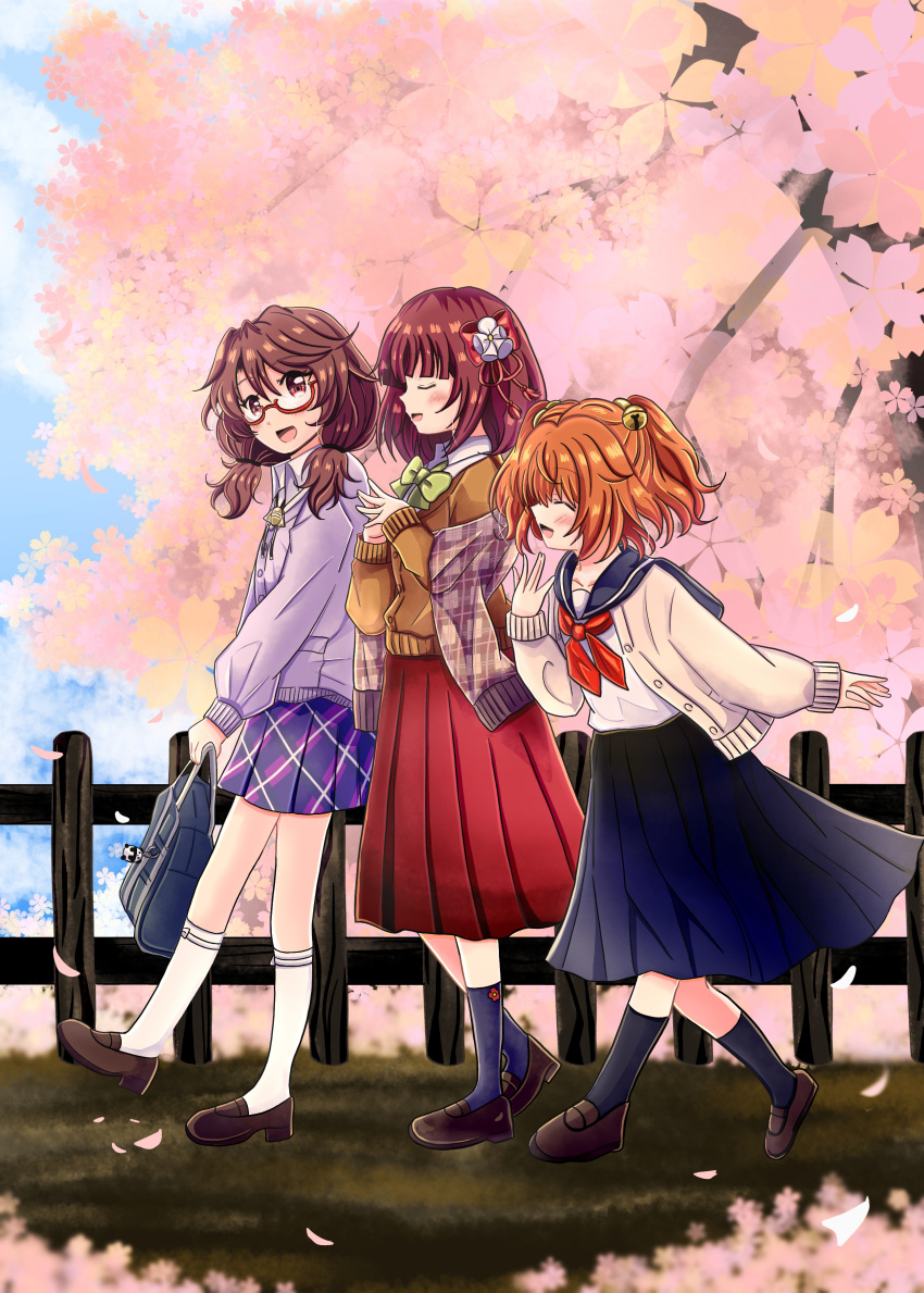 3girls absurdres bag bag_charm black_socks blazer blue_skirt bow bowtie brown_hair charm_(object) cherry_blossoms fence full_body hieda_no_akyuu hieda_no_akyuu_(academic_chronicle_of_perfect_memory) highres jacket kuronon loafers low_twintails motoori_kosuzu motoori_kosuzu_(student_librairian_of_gossip) multiple_girls no_headwear orange_hair plaid plaid_skirt plaid_sweater purple_hair purple_sweater quimbaya_airplane school_bag school_uniform serafuku shoes short_twintails skirt socks sweater touhou touhou_lost_word twintails usami_sumireko usami_sumireko_(psychic_higashifukami_high_school_student) white_socks