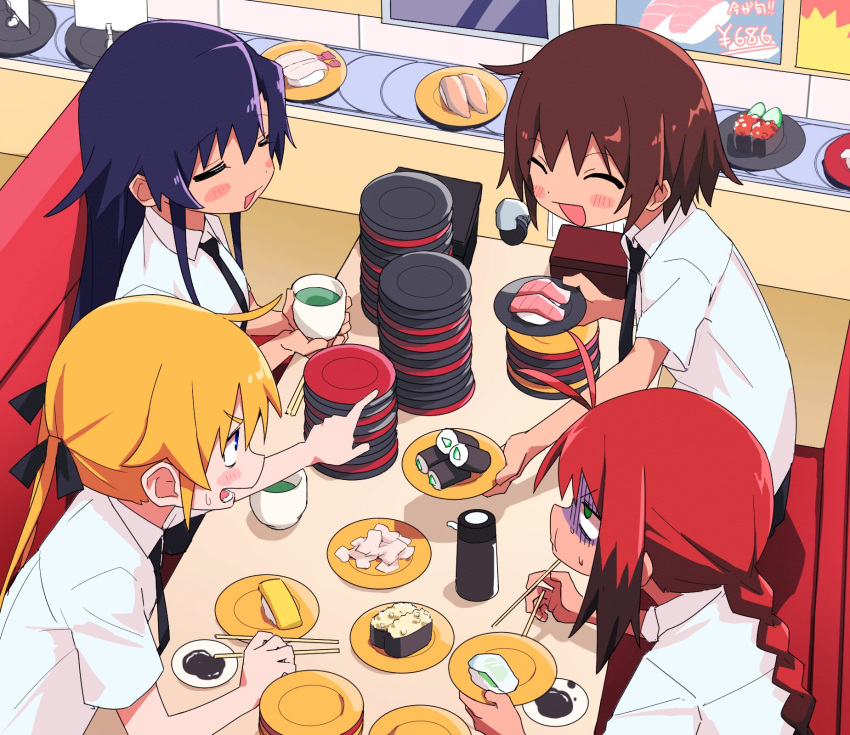 4girls black_necktie blonde_hair blue_eyes blue_hair blush_stickers brown_hair character_request chopsticks conveyor_belt_sushi cup fish_(food) food green_eyes highres holding holding_chopsticks indoors kill_me_baby makizushi multiple_girls necktie nigirizushi plate plate_stack pointing red_hair salmon_(fish) school_uniform shaded_face shirt smile soy_sauce soy_sauce_bottle sushi tea white_shirt yachima_tana yunomi