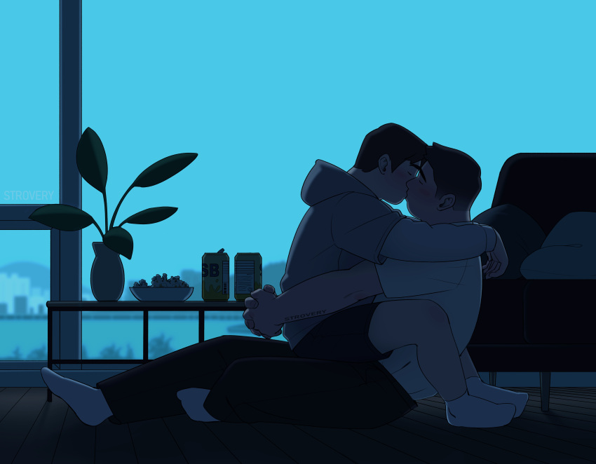 2boys absurdres aqua_background arm_over_shoulder asian bara black_shorts blush closed_eyes dark_room from_side full_body highres hood hoodie hug indoors kiss layered_sleeves male_focus multiple_boys night night_sky original plant plump potted_plant profile short_hair shorts sideburns sitting sitting_on_lap sitting_on_person sky socks stro_very thick_eyebrows