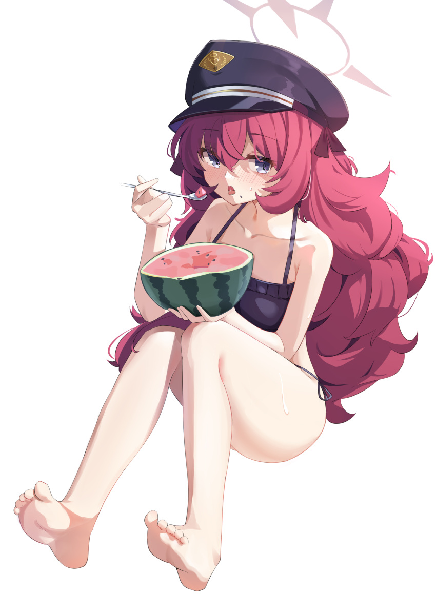 1girl absurdres alternate_costume barefoot bikini black_bikini blue_archive blue_eyes blush breasts chun_jiang collarbone commentary_request eating food fruit hair_between_eyes halo hat highres holding holding_food holding_fruit holding_spoon iroha_(blue_archive) long_bangs long_hair open_mouth peaked_cap red_hair side-tie_bikini_bottom simple_background sitting small_breasts soles solo spoon sweat swimsuit toes tongue tongue_out watermelon white_background