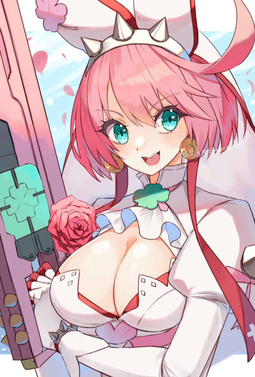 1girl ahoge aqua_eyes ascot blush bracelet breasts bridal_veil cleavage_cutout clothing_cutout clover dress elphelt_valentine elritta flower four-leaf_clover gloves guilty_gear guilty_gear_xrd gun hairband highres holding holding_gun holding_weapon huge_ahoge jewelry juliet_sleeves large_breasts long_sleeves looking_at_viewer medium_hair petals pink_hair puffy_sleeves red_flower red_rose rose spiked_bracelet spiked_hairband spikes veil weapon wedding_dress white_ascot white_dress white_gloves