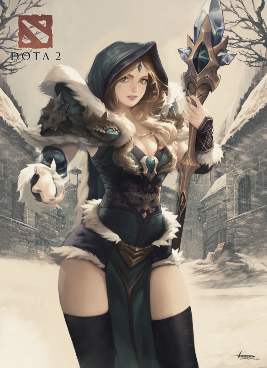 1girl absurdres arm_guards armor black_thighhighs blonde_hair blue_cape blue_dress blue_eyes blue_hood breasts cape cleavage copyright_name cowboy_shot crystal_maiden dota_(series) dota_2 dress english_commentary forehead_jewel fur_coat fur_dress highres holding holding_staff lips logo long_hair lonwa_a looking_at_viewer nail_polish outdoors pauldrons pelvic_curtain purple_nails sepia shoulder_armor signature sky snow snowing solo staff stone_wall thighhighs wall white_sky