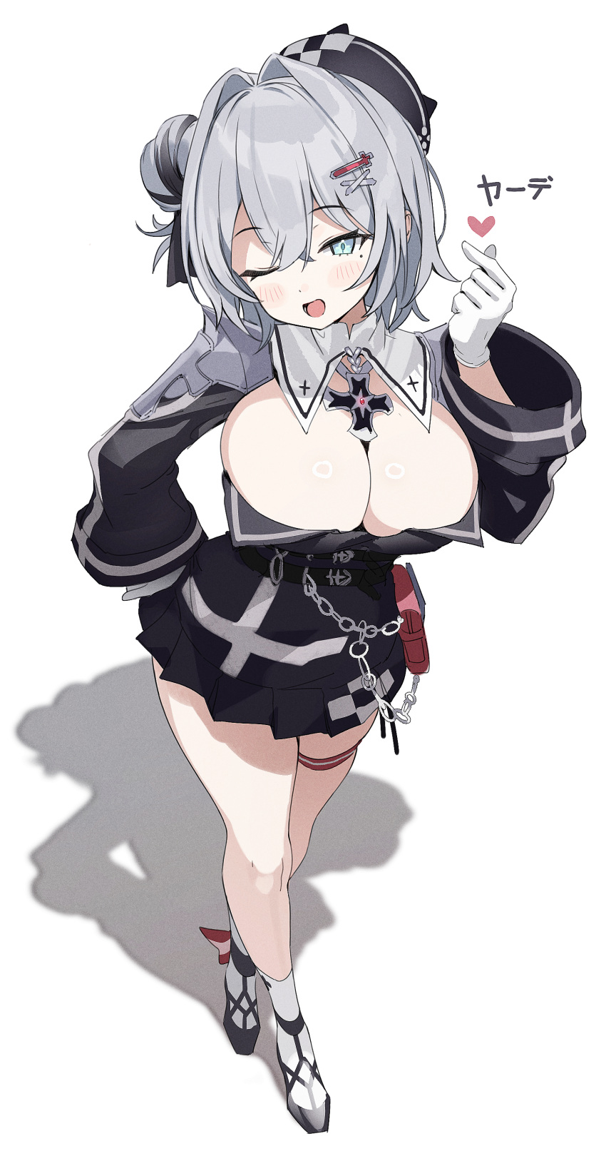 1girl absurdres aqua_eyes azur_lane blush breasts character_name cleavage crossed_legs gloves gogoco grey_hair hair_ornament hairclip hand_on_own_hip hat heart highres jade_(azur_lane) large_breasts long_sleeves looking_at_viewer mole mole_under_eye one_eye_closed open_mouth shadow shoes short_hair simple_background solo standing thigh_strap watson_cross white_background white_gloves