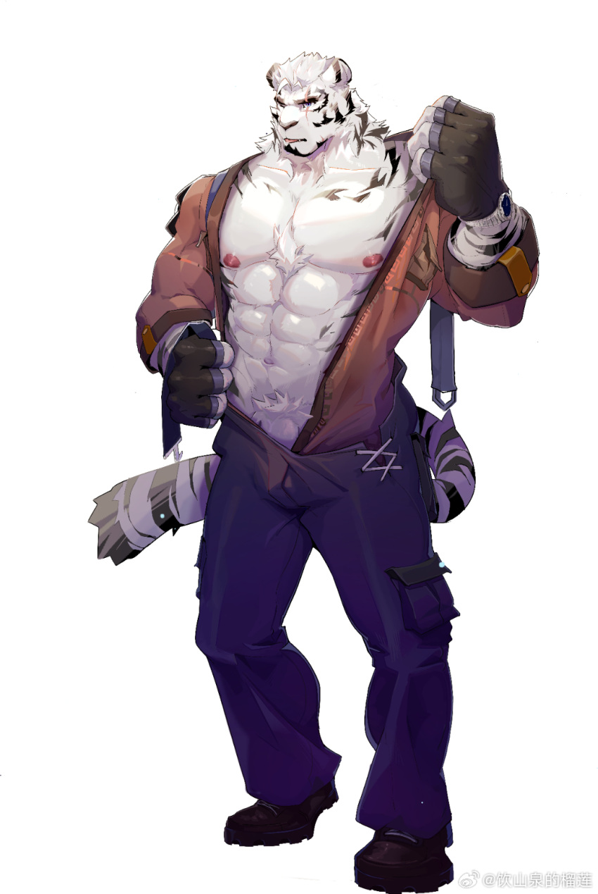 1boy abs animal_ears arknights artist_request bara bare_pectorals chest_tuft facial_hair full_body furry furry_male goatee highres large_hands large_pectorals looking_ahead male_focus male_pubic_hair mountain_(arknights) muscular muscular_male nipples no_male_underwear one_eye_closed pectorals penis penis_peek pubic_hair scar scar_across_eye scar_on_arm short_hair solo stomach thick_eyebrows tiger_boy tiger_ears tongue tongue_out undressing white_hair