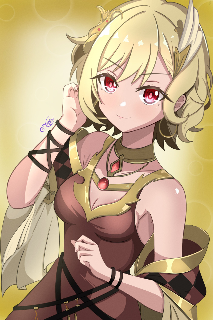 1girl absurdres adjusting_hair blonde_hair breasts brown_dress citrinne_(fire_emblem) cleavage dress earrings fire_emblem fire_emblem_engage gold_earrings highres hoop_earrings jewelry leather_wrist_straps looking_at_viewer necklace red_eyes short_hair small_breasts smile solo tamaki_(tamaki-sh) upper_body watermark wing_hair_ornament