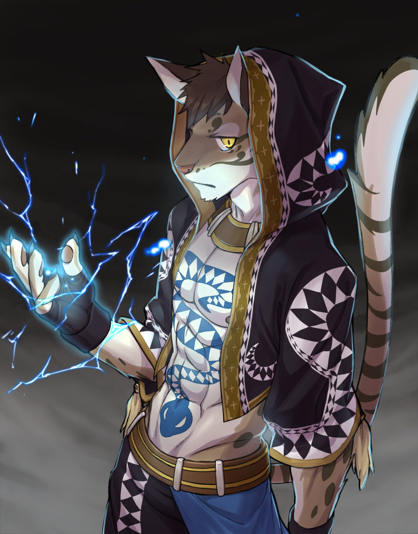 1boy abs animal_ears bare_pectorals commentary_request electricity electrokinesis fingerless_gloves furry furry_male gloves hato_(heiseiradiodenk) highres hood hood_up hooded_jacket jacket leopard_boy leopard_ears leopard_tail likulau_(nekojishi) looking_at_viewer male_focus nekojishi pawpads pectorals snake_tattoo tail tattoo yellow_eyes