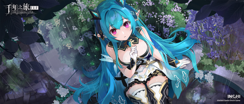 1girl armlet bare_shoulders black_thighhighs blue_ribbon blush breasts copyright copyright_name cowboy_shot detached_collar dress flower flower_bed from_above gloves green_hair hair_between_eyes hair_ribbon hand_up headgear highres large_breasts leaf logo long_hair looking_at_viewer looking_up millennium_tour official_art parted_lips pink_eyes pointy_ears purple_flower rain ribbon ritsu_(millennium_tour) short_dress sitting solo strapless strapless_dress thighhighs very_long_hair white_dress white_gloves zettai_ryouiki