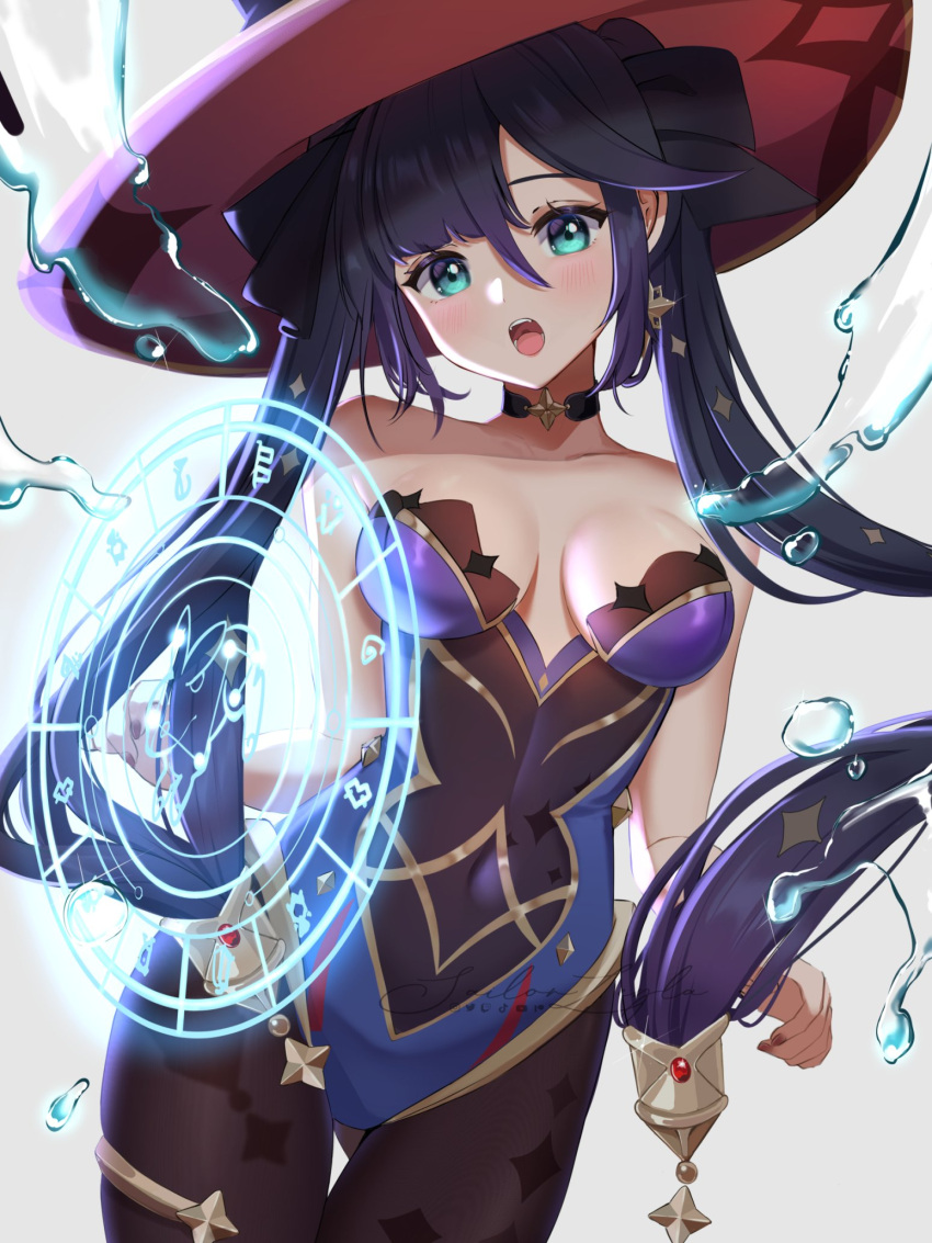 1girl aqua_eyes asymmetrical_bangs bare_shoulders black_choker black_hair blue_leotard blush bodystocking breasts choker commentary covered_navel cowboy_shot earrings english_commentary floating_hair genshin_impact gold_trim grey_background hair_between_eyes hat highres jewelry leotard long_hair looking_at_viewer magic magic_circle medium_breasts mona_(genshin_impact) nail_polish open_mouth purple_nails sailorleyla simple_background skin_tight solo standing star_(symbol) star_choker star_earrings thigh_gap thighlet twintails water water_drop witch_hat