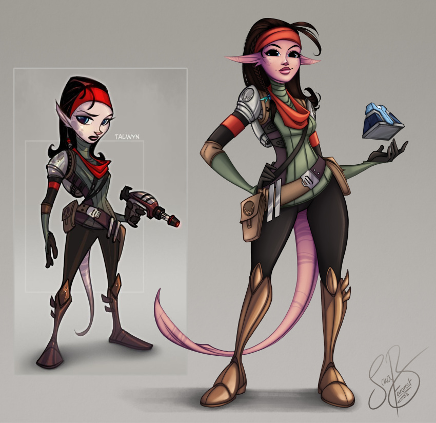 2023 absurd_res alien alien_humanoid bandanna belt blue_eyes boots breasts brown_hair clothing eyebrows farorest female footwear hair hand_on_hip hi_res humanoid humanoid_pointy_ears kerchief lips looking_at_viewer markazian not_furry ratchet_and_clank red_bandanna red_kerchief solo sony_corporation sony_interactive_entertainment tail talwyn_apogee