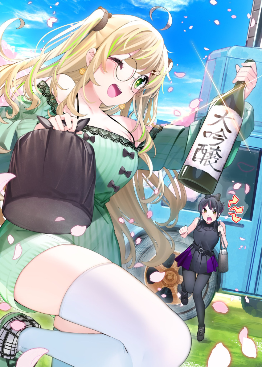 2girls ;d ahoge bare_shoulders black_footwear black_shirt black_skirt black_thighhighs blonde_hair blue_sky bottle breasts chikuwa. cleavage cloud collarbone commentary_request cookie_hair_ornament day dress food-themed_hair_ornament glasses green_dress green_eyes green_footwear green_hair hair_ornament highres holding holding_bottle lightning_bolt_symbol long_hair long_sleeves looking_at_viewer medium_breasts multicolored_hair multiple_girls off-shoulder_dress off_shoulder one_eye_closed original outdoors petals pleated_skirt round_eyewear shirt shoes skirt sky sleeveless sleeveless_shirt smile solo_focus standing standing_on_one_leg streaked_hair thighhighs two_side_up upper_body vehicle_request white_thighhighs