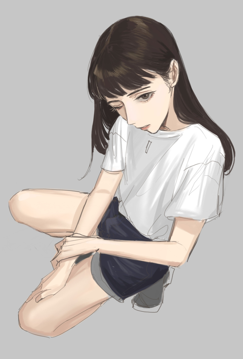 1girl absurdres black_eyes black_hair blue_shorts commentary deerwhisky grey_background hair_behind_ear highres long_hair looking_at_viewer one_eye_closed original parted_lips shirt short_sleeves shorts simple_background solo squatting t-shirt white_shirt