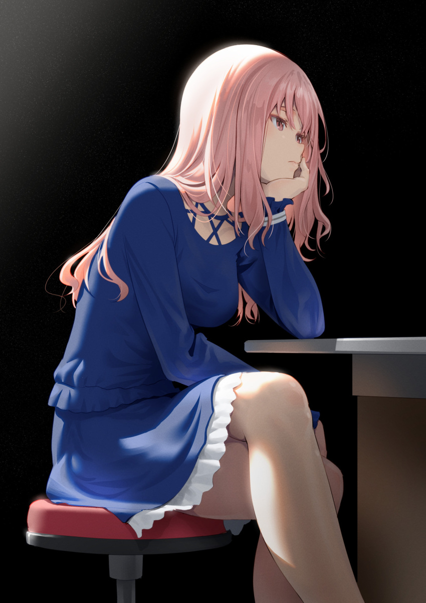 1girl alice_gear_aegis black_background blue_dress chair commentary_request crossed_legs dress frilled_dress frills head_rest highres pinakes pink_eyes pink_hair sitting solo yotsuya_yumi