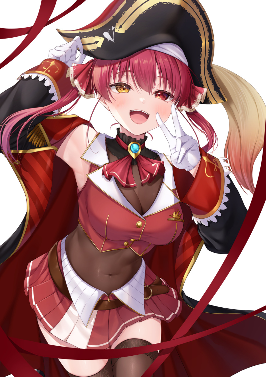 1girl ascot belt bicorne black_choker black_coat black_headwear black_thighhighs blush breasts brooch brown_belt choker cleavage coat covered_navel cropped_jacket frilled_choker frills gloves hair_ribbon hat heterochromia highres hololive houshou_marine houshou_marine_(1st_costume) jacket jewelry lace-trimmed_legwear lace_trim large_breasts leather_belt leotard leotard_under_clothes long_hair looking_at_viewer nagura_shiro off_shoulder open_mouth pirate_hat pleated_skirt red_ascot red_eyes red_hair red_jacket red_ribbon red_skirt ribbon see-through see-through_cleavage see-through_leotard sharp_teeth skirt sleeveless sleeveless_jacket smile solo teeth thighhighs twintails v virtual_youtuber white_background white_gloves yellow_eyes