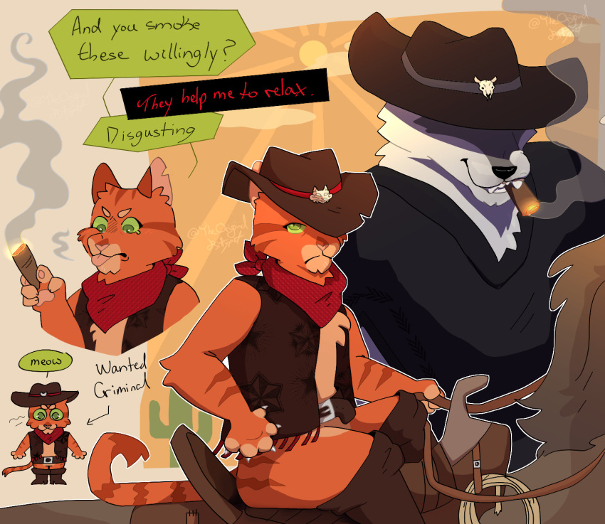 alternate_universe anthro belt belt_buckle black_nose bodily_fluids boots cactus canid canine canis chibi cigar cigar_in_mouth cigar_smoke claws cloak clothed clothing cowboy cowboy_boots cowboy_hat cowboy_outfit death_(puss_in_boots) dialogue domestic_cat dreamworks duo english_text equid equine facial_markings felid feline felis feral fire fluffy footwear frown fur green_eyes grey_body grey_fur grin group handkerchief hat head_markings headgear headwear hi_res holding_object horse interspecies kerchief light light_beam long_tail male male/male mammal markings mask_(marking) object_in_mouth orange_body orange_fur outlaw outside plant poncho prick_ears puss_in_boots_(dreamworks) puss_in_boots_(film) puss_in_boots_the_last_wish reins riding riding_on_back saddle sharp_teeth signature sitting size_difference smile smirk smoking smoking_cigar speech_bubble standing sun sunbeam sunlight tabby_cat tail talking_to_another talking_to_partner tears teeth text theoriginalkittypet tongue tongue_out topwear trio vest white_body white_claws white_fur wolf