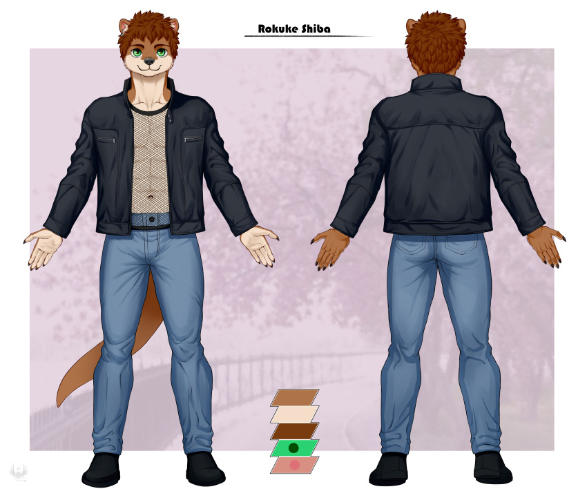 5_fingers 6:5 absurd_res anthro biped bottomwear brown_body brown_fur brown_hair claws clothed clothing color_swatch countershade_face countershade_fur countershade_neck countershading eldiman eyebrows fingers fur green_eyes hair hi_res male mammal model_sheet mustelid navel otter pants rokuke_shiba_(character) solo tail