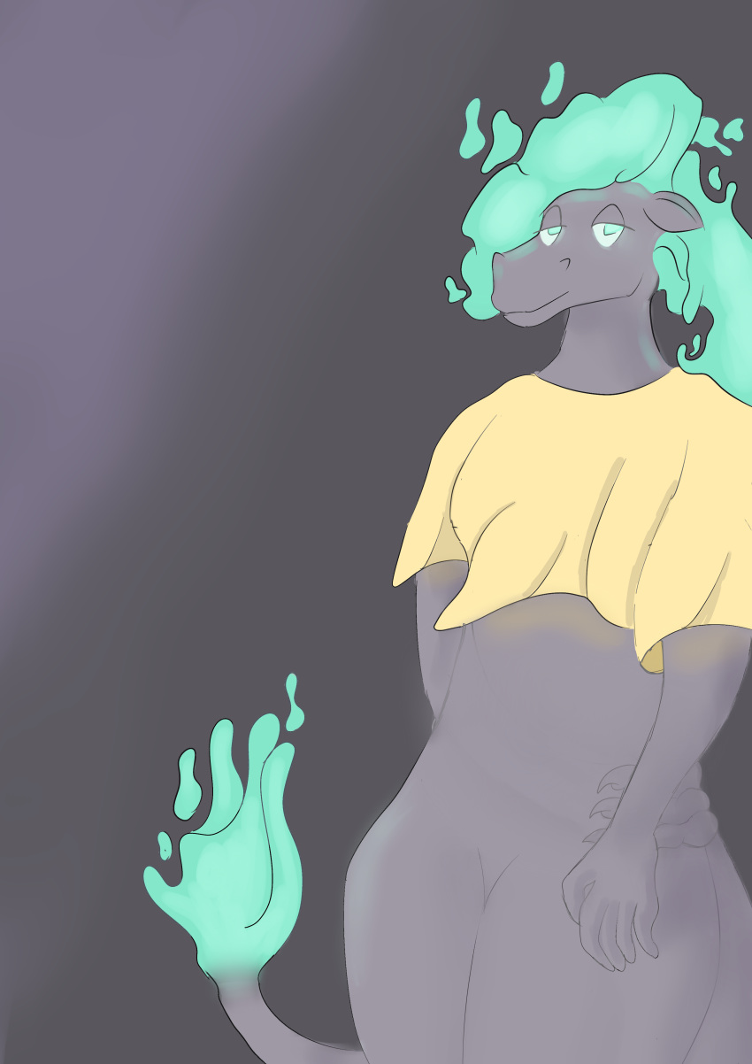 absurd_res baggy_clothing bottomless claws clothed clothing dragon fire flaming_hair flaming_tail ghost glowing glowing_eyes gradient_background hi_res oversized_shirt pinup pose pseudo_hair pyky_(artist) simple_background spirit tail translucent translucent_body