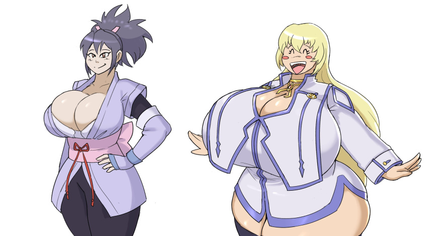 2girls absurdres alternate_breast_size black_hair blonde_hair breasts cleavage colette_brunel fujibayashi_sheena gigantic_breasts happy highres huge_breasts large_breasts multiple_girls non-web_source shirt tales_of_(series) tales_of_symphonia thick_thighs thighs tight_clothes tight_shirt wide_hips