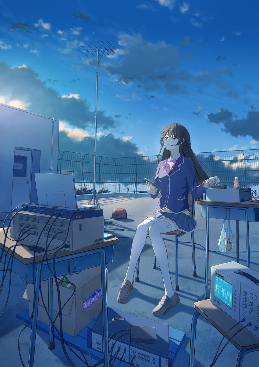 1girl absurdres antennae anyotete blazer blue_skirt blue_sky box brown_hair cable cardboard_box chair cloud controller earphones highres holding holding_remote_control jacket long_hair nijisanji on_roof outdoors pleated_skirt purple_eyes remote_control school_uniform sitting skirt sky thighhighs tsukino_mito virtual_youtuber white_thighhighs