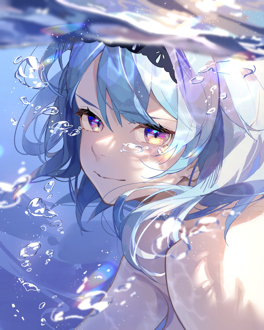 1girl absurdres air_bubble black_hairband blue_hair bubble caustics eula_(genshin_impact) from_side genshin_impact hair_between_eyes hairband highres looking_at_viewer multicolored_eyes nude oriori_0201 partially_underwater_shot portrait rainbow_eyes sidelocks solo submerged underwater water