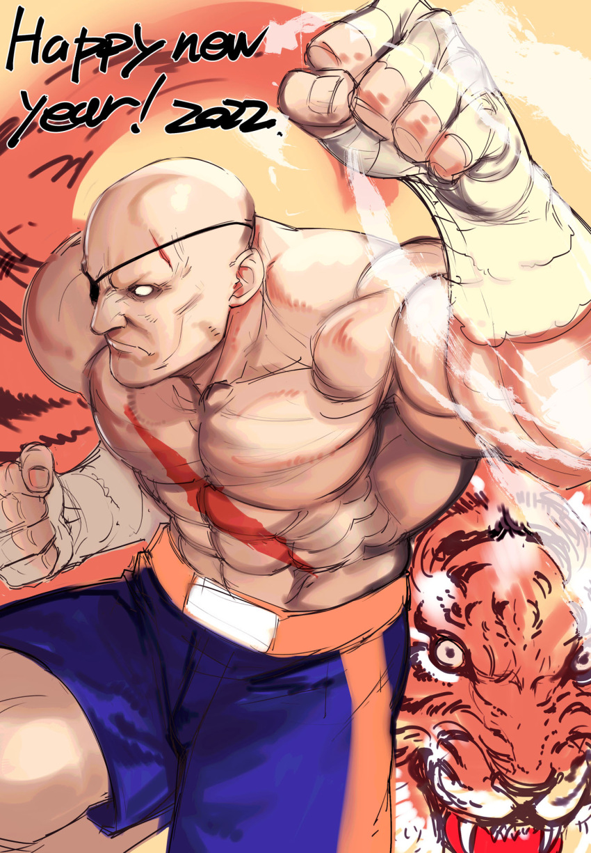 1boy abs arm_up bald blank_eyes chinese_zodiac clenched_hand comparison eyepatch feet_out_of_frame fingerless_gloves gloves highres large_pectorals looking_ahead male_focus muscular muscular_male no_eyebrows no_nipples pectorals sagat shorts solo street_fighter tetsu_(kimuchi) tiger topless_male wrestling_outfit year_of_the_tiger