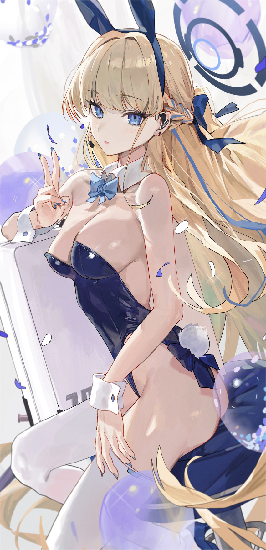 1girl absurdres animal_ears bare_arms bare_shoulders blonde_hair blue_archive blue_bow blue_bowtie blue_eyes blue_hairband blue_leotard blush bow bowtie breasts cleavage closed_mouth detached_collar fake_animal_ears fake_tail hair_ornament hairband halo hand_up highres large_breasts leotard looking_at_viewer playboy_bunny rabbit_ears rabbit_tail serie_niai sitting solo tail thighhighs thighs toki_(blue_archive) toki_(bunny)_(blue_archive) v white_thighhighs wrist_cuffs