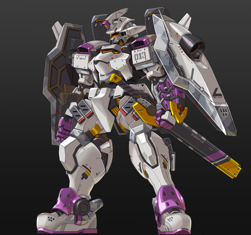 arm_shield arms_at_sides assault_visor clenched_hand commentary_request gradient_background mecha no_humans open_hand original rabo robot science_fiction solo standing sword thrusters weapon