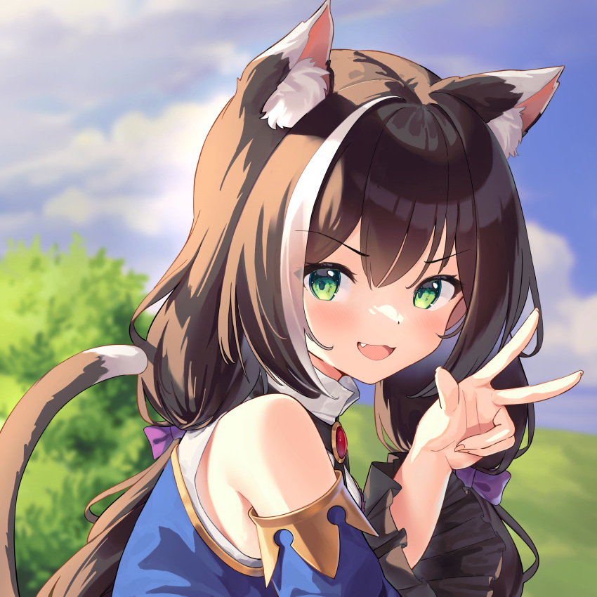 1girl :d absurdres animal_ear_fluff animal_ears bare_shoulders black_hair blue_sky blue_sleeves blurry blurry_background bow brooch cat_ears cat_girl cat_tail cloud cloudy_sky day depth_of_field detached_sleeves green_eyes hair_between_eyes hair_bow hand_up highres jewelry jiyasu karyl_(princess_connect!) long_hair long_sleeves looking_at_viewer looking_to_the_side low_twintails multicolored_hair outdoors princess_connect! purple_bow shirt sky sleeveless sleeveless_shirt smile solo streaked_hair tail twintails upper_body v white_hair white_shirt wide_sleeves