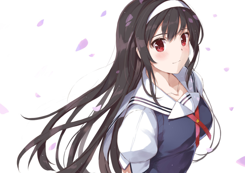 1girl black_hair black_sweater_vest blush breasts closed_mouth commentary eyelashes falling_petals floating_hair hair_between_eyes hairband highres kasumigaoka_utaha large_breasts long_hair looking_at_viewer petals puffy_short_sleeves puffy_sleeves red_eyes saenai_heroine_no_sodatekata sailor_collar school_uniform serafuku shirt short_sleeves sidelocks simple_background smile solo sweater_vest upper_body very_long_hair white_background white_hairband white_sailor_collar white_shirt yanagi_marie