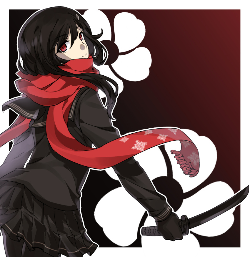 1girl black_gloves black_hair black_pantyhose black_sailor_collar black_shirt black_skirt closed_mouth floral_background gloves highres holding holding_sword holding_weapon long_hair long_sleeves looking_back onasu_(sawagani) pantyhose print_scarf red_eyes red_scarf sailor_collar sayo_samonji_(tenka_hyakken) scarf shirt short_sword sidelocks skirt solo sword tantou tenka_hyakken weapon