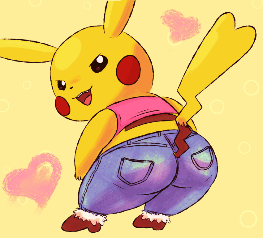 &lt;3 big_butt boots bottomwear butt cleft_tail clothing denim denim_clothing fangs female feral footwear generation_1_pokemon jeans looking_at_viewer looking_back mincheeto nintendo pants pikachu pokemon pokemon_(species) shirt solo teeth topwear