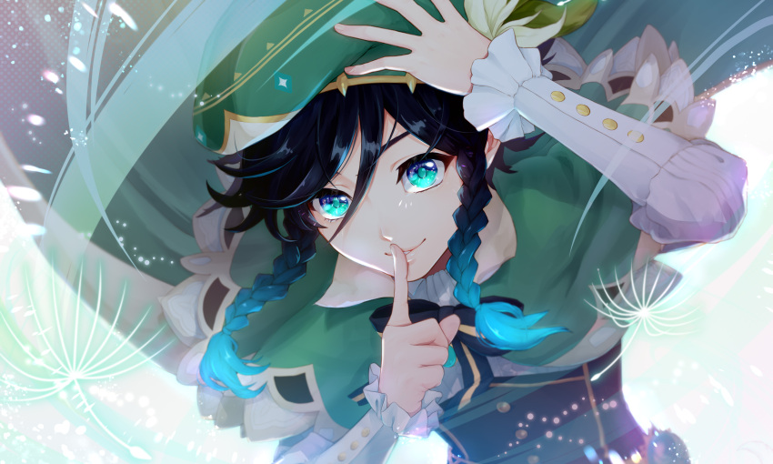 1boy androgynous beret black_hair blue_hair bow braid brooch cape collared_cape collared_shirt commentary_request corset dandelion_seed finger_to_mouth flower frilled_sleeves frills gem genshin_impact gradient_hair green_cape green_eyes green_headwear hand_on_own_head hat hat_flower highres jewelry leaf light_particles long_sleeves looking_at_viewer male_focus multicolored_hair onigiri_(mog-o) parted_lips shirt short_hair_with_long_locks shushing side_braids sidelocks simple_background smile solo twin_braids venti_(genshin_impact) white_background white_flower white_shirt