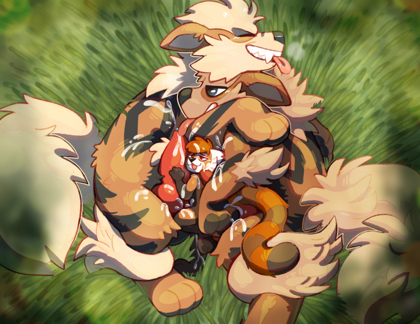 2023 absurd_res ailurid anthro anthro_on_feral arcanine bestiality blush bodily_fluids crownedvictory cum cum_everywhere cum_inside cum_on_face detailed_background feral frottage generation_1_pokemon genital_fluids grass group group_sex happy hi_res invalid_background male male/male mammal messy nintendo plant pokemon pokemon_(species) red_panda sex size_difference smile tagme threesome tongue tongue_out trio