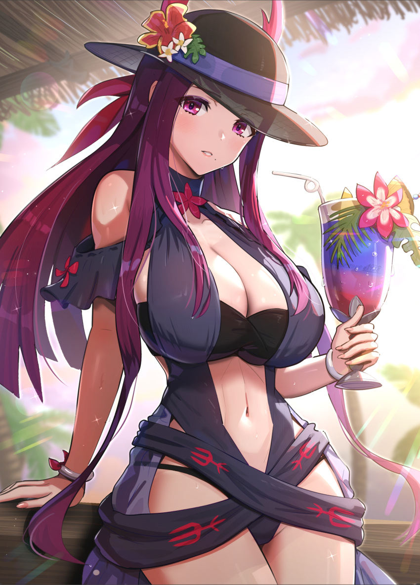 1girl bare_shoulders black_headwear black_one-piece_swimsuit breasts casual_one-piece_swimsuit cleavage clothing_cutout cocktail_glass cup dress dress_swimsuit drink drinking_glass fire_emblem fire_emblem_engage fire_emblem_heroes flower gonzarez hat hat_flower highres holding holding_cup ivy_(fire_emblem) ivy_(summer)_(fire_emblem) large_breasts long_hair looking_at_viewer mole mole_under_mouth official_alternate_costume one-piece_swimsuit outdoors palm_tree parted_lips purple_eyes purple_hair see-through_headwear sitting solo stomach_cutout sunlight swimsuit tree tropical_drink